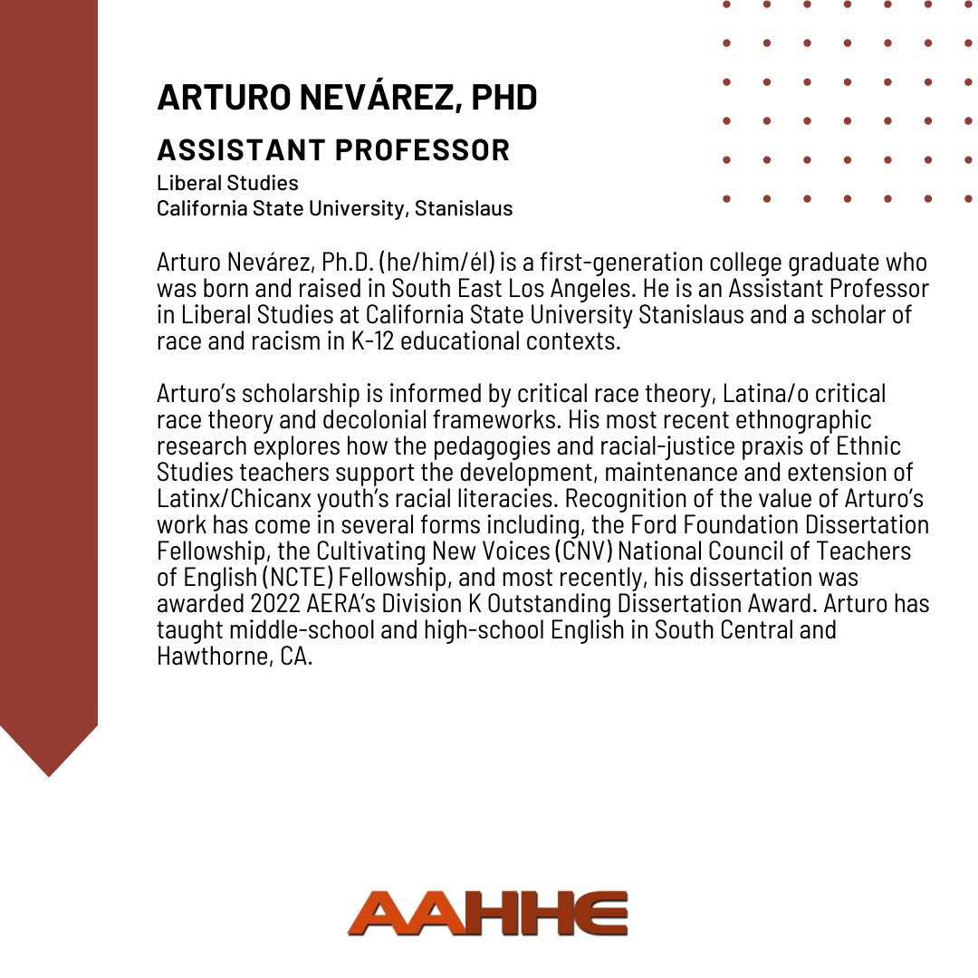 AAHHEorg's tweet photo. Please join us in congratulating Dr. Arturo Nevárez on being selected for the AAHHE 2022-2023 Faculty Fellows Program! #AAHHEFFP2023
Learn more about this FFP cohort at https://t.co/RAGSG3XIeo
#AAHHE #fellowshipprogram #professionaldevelopment #highereducation https://t.co/ctkb8iCkQb