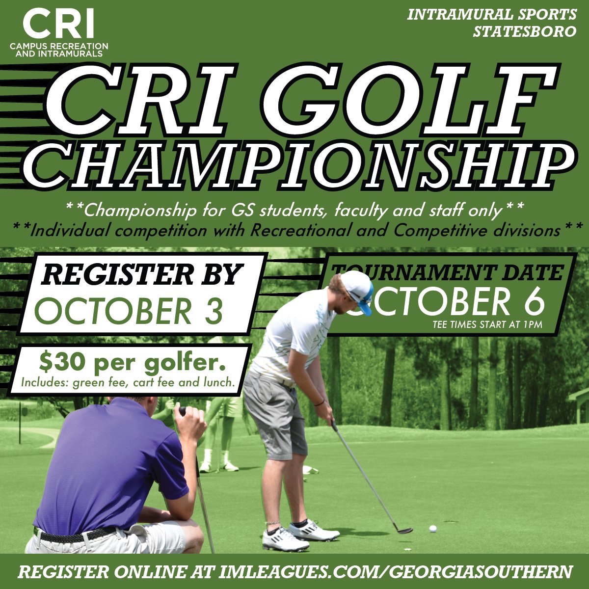 Registration for the CRI Golf Championship has been extended until TONIGHT (10/4). Don't miss out on the opportunity to be crowned Georgia Southern's top golfer! #RACLife