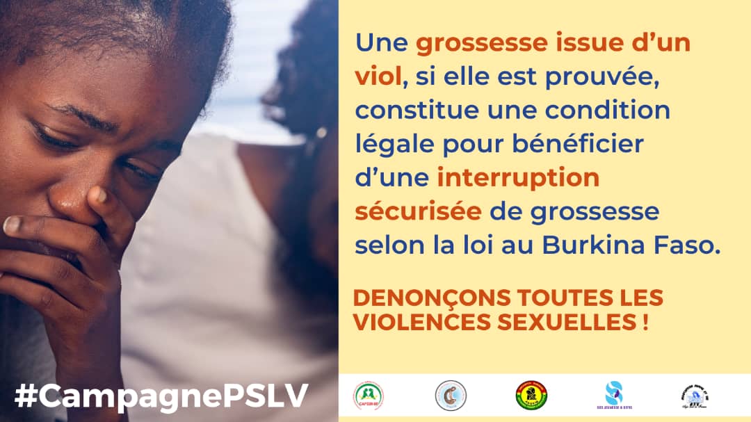 #CampagnePSLV 
Osons dénoncer les cas de viol pour prévenir toute interruption de grossesse si la situation se présente. 
<a href="/AmbCanBFA/">AmbCanBFA</a>  
<a href="/AMC_corporatif/">Affaires mondiales Canada</a> 
<a href="/amplifyfund/">AmplifyChange</a> 
<a href="/SOGOB6/">Société des Gynécologues &Obstétriciens du Burkina</a>  
<a href="/SOSJD_asso/">SOS Jeunesse & Défis</a>