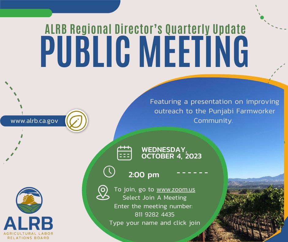 alrb_ca's tweet photo. Hear the quarterly update from the ALRB Regional Directors. Featuring a presentation on improving outreach to the Punjabi Farmworker Community.
#ALRB #FarmworkerRights #LaborRights https://t.co/2Xw2RJn5iW