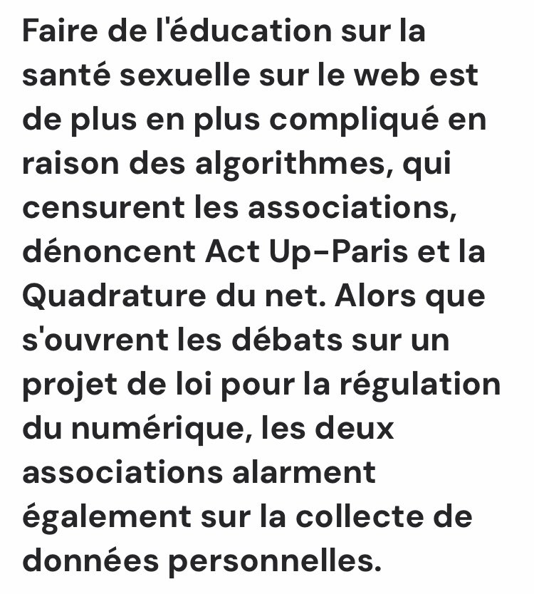 assoAIDES's tweet photo. [TRIBUNE 📣] Alors que le projet de loi sur la régulation et la sécurisation de l’espace numérique (SREN) arrive aujourd’hui à l’@AssembleeNat, AIDES est co-signataire de cette tribune portée par @actupparis &amp; @laquadrature. 
———
🔗 : https://t.co/IT1E5pIor0 https://t.co/5cWrEPbEa6