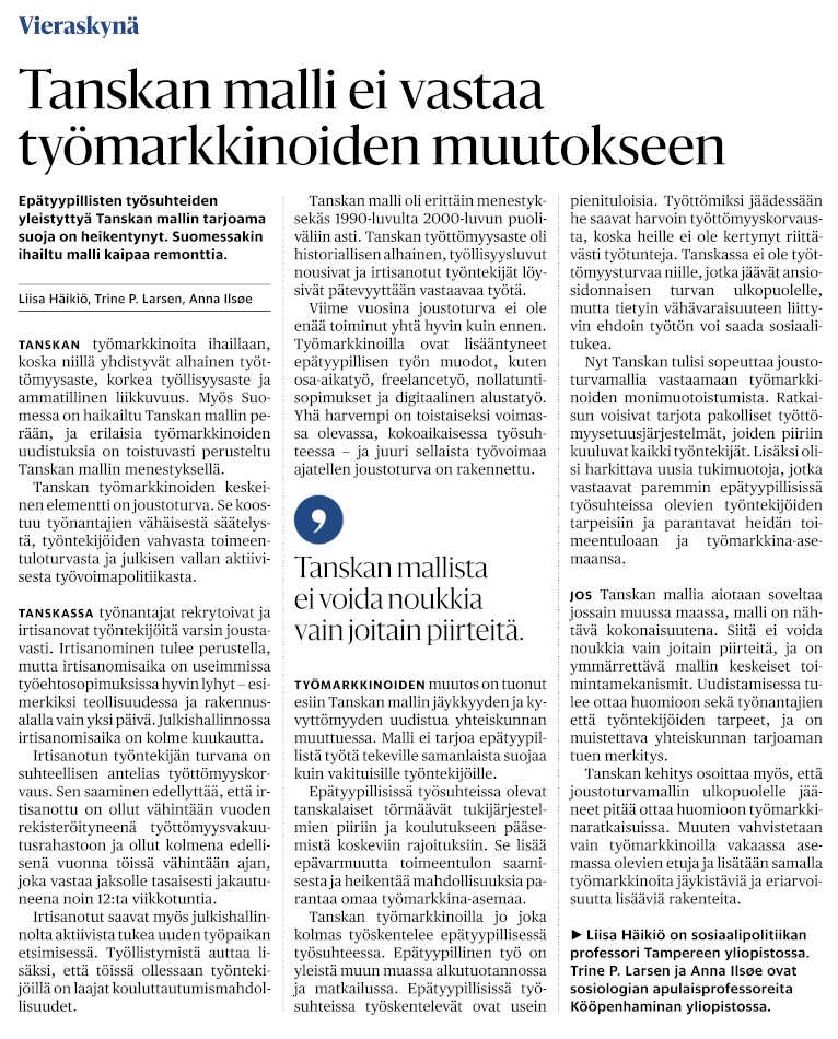 Liisa HÀikiö (@liisahai) on Twitter photo Maaginen Tanskan työmarkkinamalli. MikÀ se on ja miten sitÀ tulisi uudistaa? Sopiiko malli Suomeen? NÀitÀ pohdimme pÀivÀn <a href="/hsfi/">Helsingin Sanomat</a> , yhteistyössÀ @copehagenuni Trine P. Larsen ja Anna IlsÞe kanssa. Maaginen Tanskan työmarkkinamalli. MikÀ se on ja miten sitÀ tulisi uudistaa? Sopiiko malli Suomeen? NÀitÀ pohdimme pÀivÀn <a href="/hsfi/">Helsingin Sanomat</a> , yhteistyössÀ @copehagenuni Trine P. Larsen ja Anna IlsÞe kanssa.