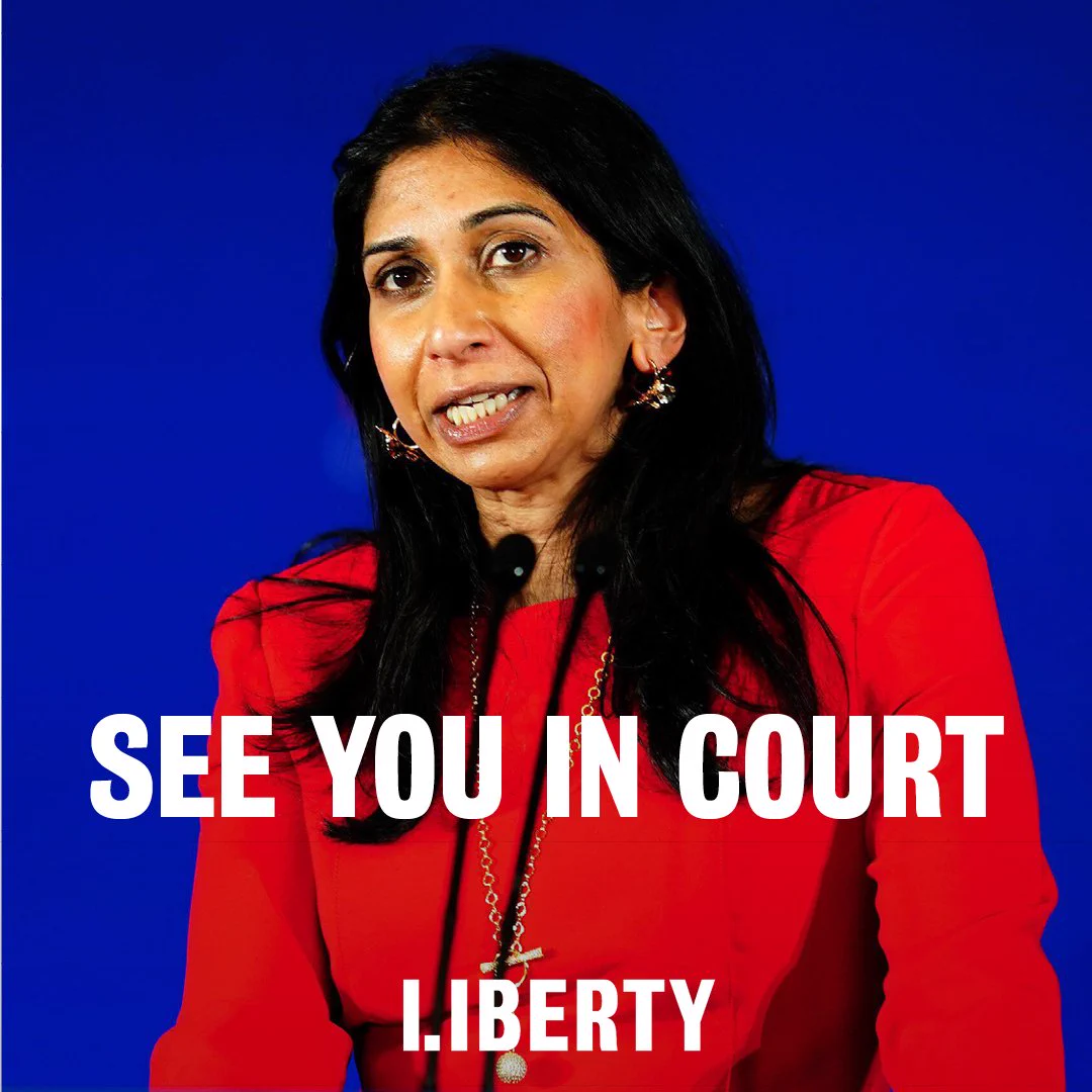 A photograph of Suella Braverman. Text across the image reads: SEE YOU IN COURT