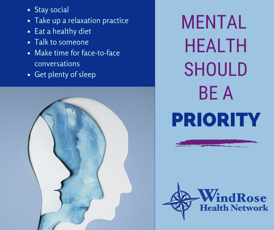 WindRose_Health's tweet image. Your mental health is just as important as your physical health. Here are a few tips to help you stay fit mentally. 

#MentalIllnessAwarenessWeek #MentalHealth #Abetteryou
