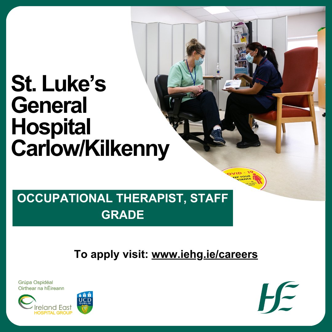 St. Luke's General Hospital Carlow/Kilkenny is currently recruiting for the position of Occupational Therapist, Staff Grade. For more information & to apply, visit: iehg.ie/careers #iehgjobs #irishjobs #AlliedHealthProfessionals