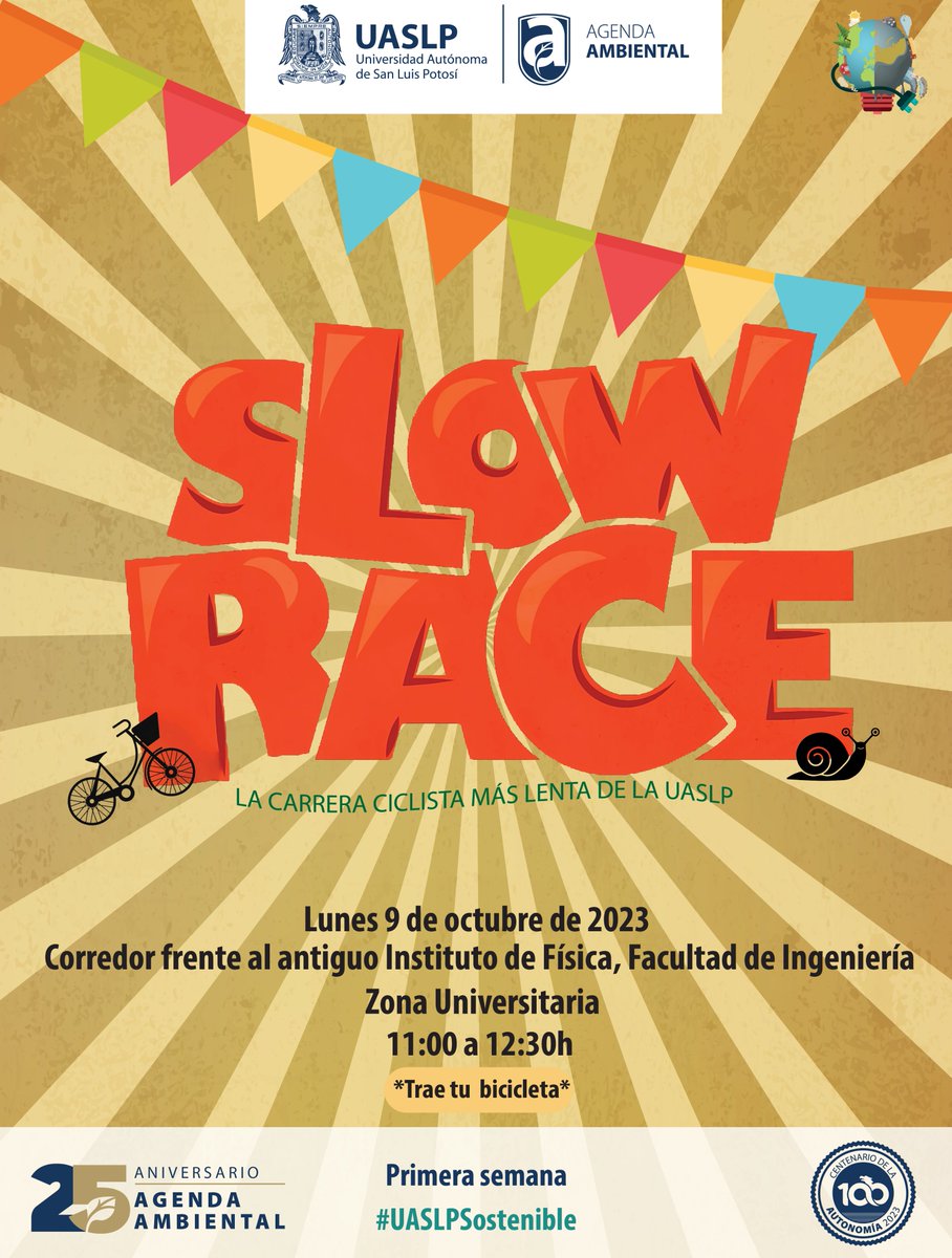 Trae tu bicicleta a la carrera más lenta de la UASLP #UASLPSostenible🏁

Lunes 9 de Octubre de 11:00 a 12:30h en el corredor frente al antiguo Instituto de Física, Facultad de Ingeniería

¡Gana el más lento!

Regístrate en: a.uaslp.mx/Sostenible

#UASLP #Slowrace #slp
<a href="/LaUASLP/">UASLP</a>