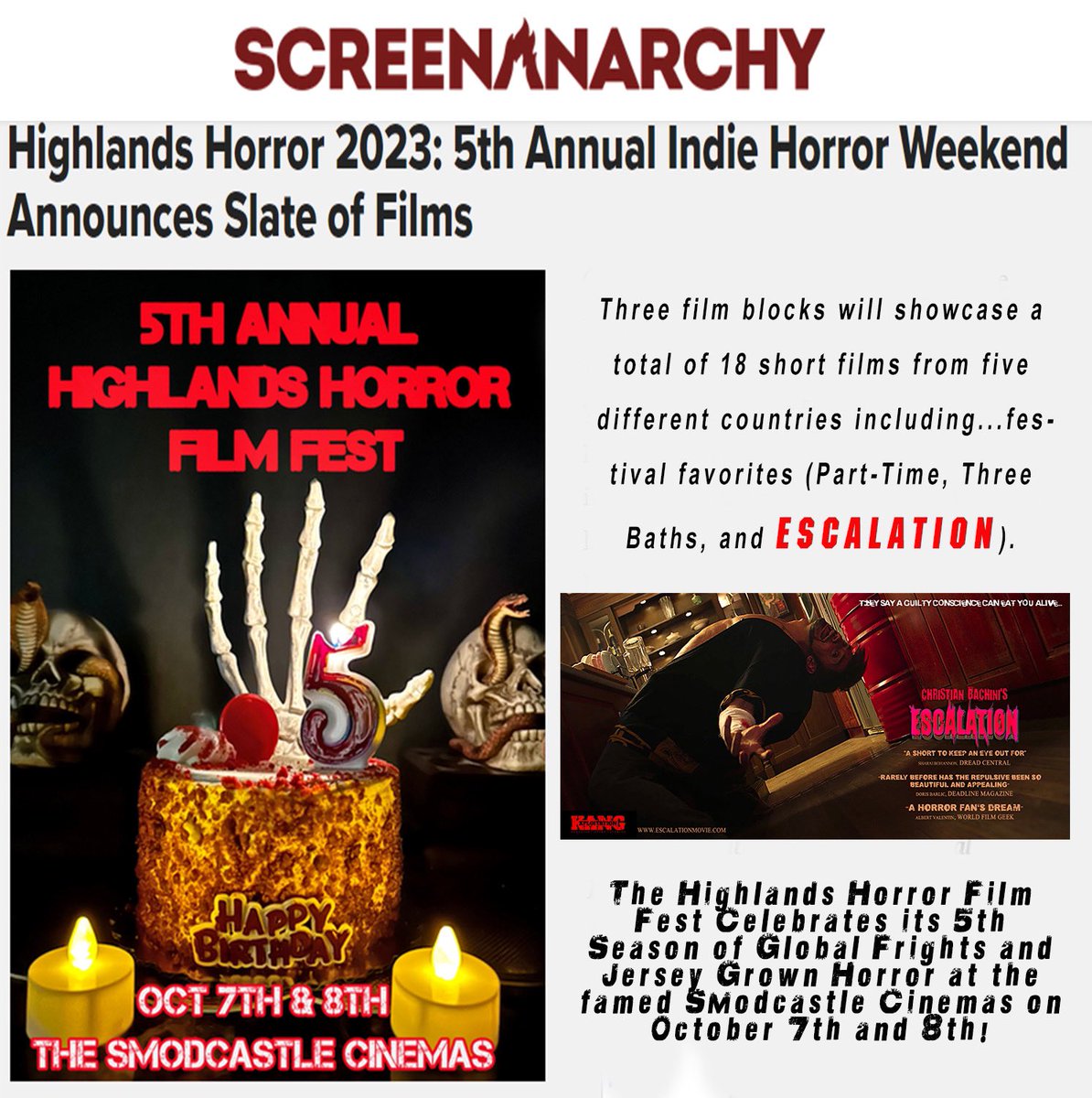#escalationmovie is a festival favorite at the #highlandshorrorfilmfestival ❤️

This SAT. OCT.7 at 7:30 PM don't miss a chance to be drenched in blood at the legendary <a href="/SmodCinemas/">Smodcastle Cinemas</a> 🔥

And a big thanks to <a href="/ScreenAnarchy/">Screen Anarchy</a> for reporting the news!!