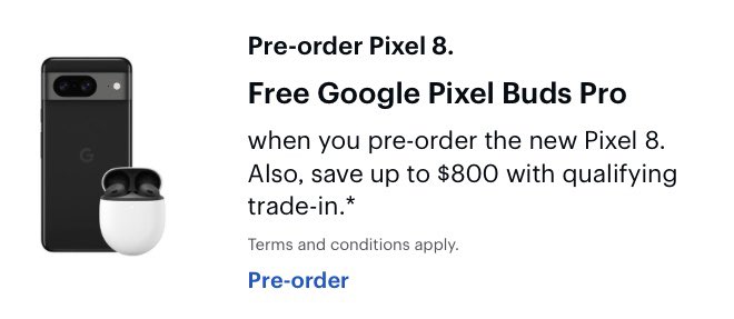 GYXdeals's tweet photo. NEW 🚀 Google Pixel 8 & Pixel 8 Pro announced, starting from $699 & $999 respectively 

Preorder Offers at Best Buy: https://t.co/tcAulkduKE 
- Free Pixel Watch 2 w/ Pixel 8 Pro
- Free Pixel Buds Pro w/ Pixel 8 
- Save up to $800 with qualifying trade-in.

Amazon: https://t.co/oaCKFzYNDY #MadeByGoogle #ad