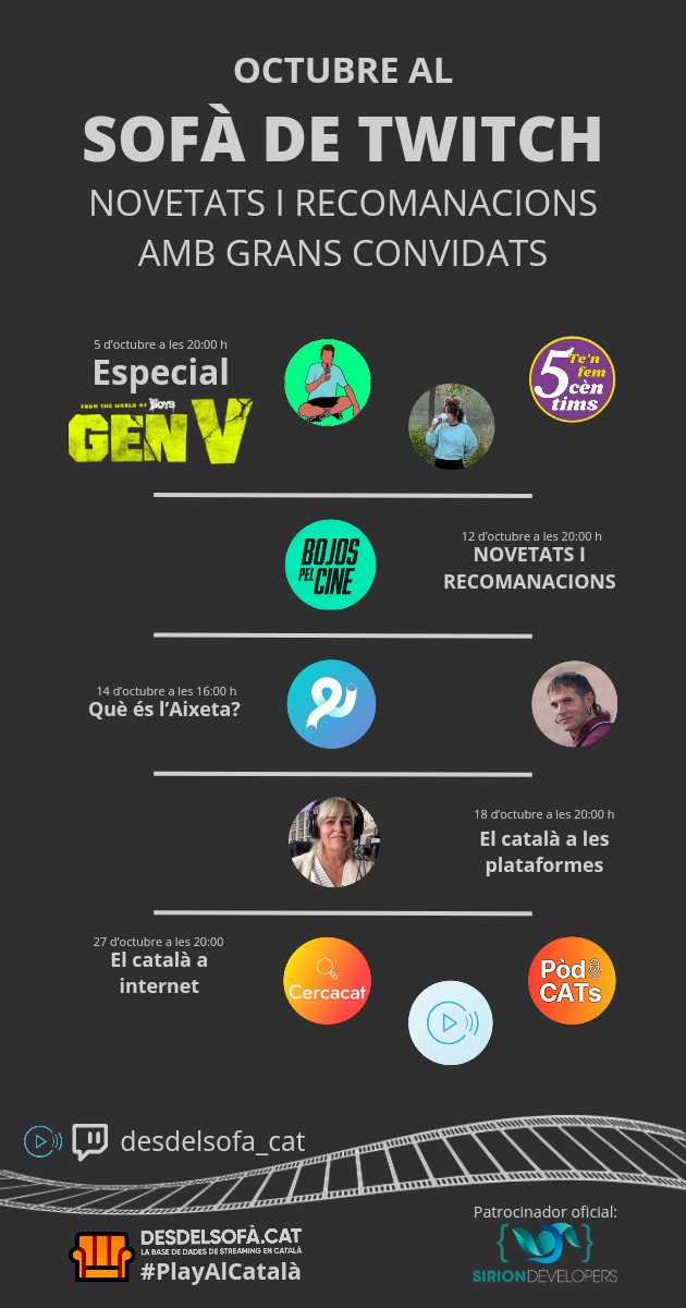 Torna EL SOFÀ DE TWITCH i amb força. Aquí teniu els directes del mes d'octubre 👇👇

Seguiu-nos, activa la campana i subscriu-te per no perdre't cap directe twitch.tv/desdelsofa_cat <a href="/siriondev/">Sirion Developers</a> <a href="/DoblatgeCatala/">Doblatge en català</a>