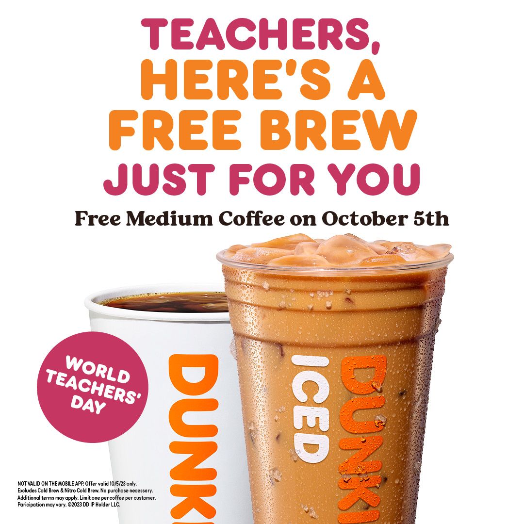 AliefISD's tweet photo. From preschool teachers and college professors to principals and counselors, Dunkin’ is giving educators the coffee break they deserve. All day on October 5, teachers can visit participating Dunkin’ restaurants throughout Harris County to enjoy their free coffee! https://t.co/OYmJDJFg1O