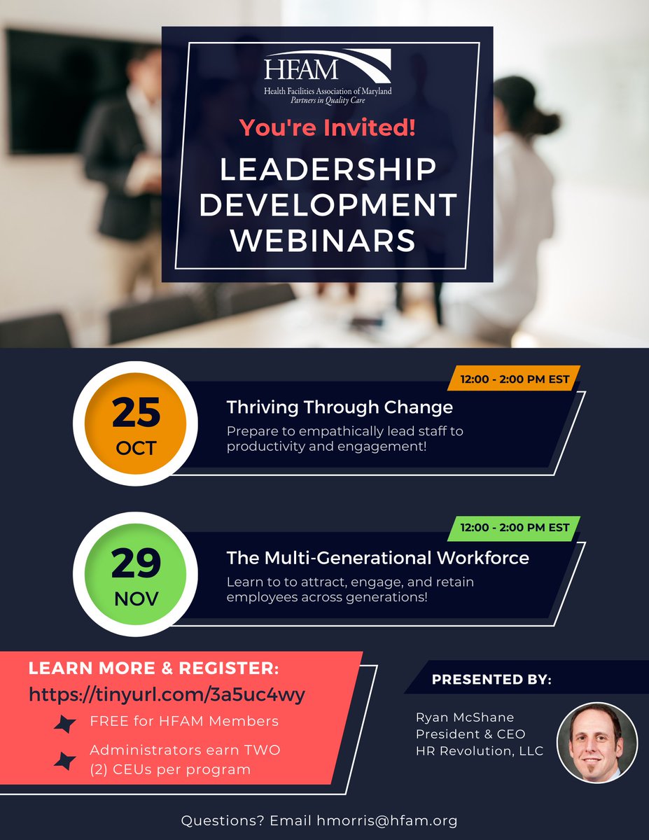 Join us for two upcoming leadership development webinars! Harness the tools you need to effectively manage change and empower you teams! Learn more &amp; register: members.hfam.org/site_page.cfm?…
#Leadership #Education #LTC #Workforce