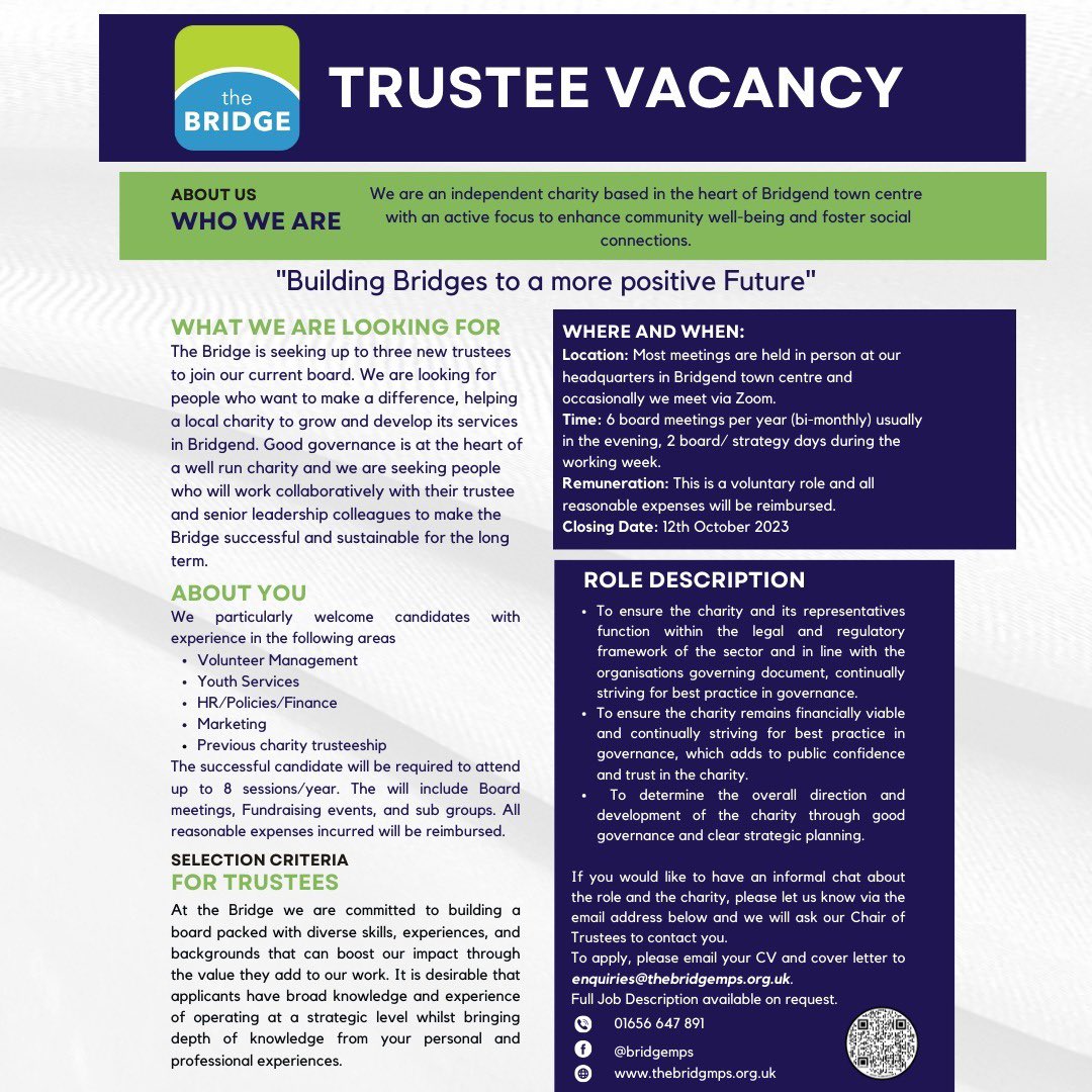 ems_wales's tweet photo. We are looking for new trustees at The Bridge. Could this be you or someone you know? 
Please share and let me know if you have any questions. https://t.co/ioB1MqUrqZ