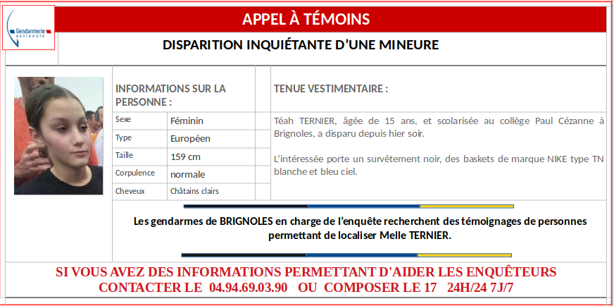 Gendarmerie_083's tweet photo. #DisparitionInquiétante d'une mineure, Téah TERNIER Merci de votre aide en retweetant cet #AppelàTémoins https://t.co/l0hIMuyd5l