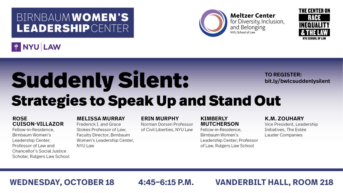 WEDNESDAY, 10/18, 4:45 p.m.: We're excited for our annual workshop for <a href="/nyulaw/">NYU Law</a> JD and LLM students, Suddenly Silent: Strategies to Speak Up and Stand Out, with @RCuisonVillazor, <a href="/ProfMMurray/">Melissa Murray (@ProfMMurray on Threads 🧵)</a>, @ErinMurphysLaw, Kimberly Mutcherson, &amp; K.M. Zouhary! RSVP: docs.google.com/forms/d/e/1FAI…