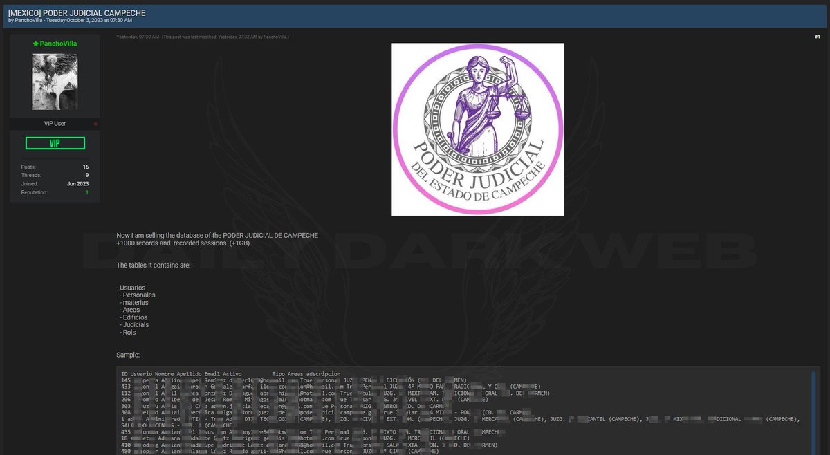 DailyDarkWeb's tweet photo. #Mexico 🇲🇽 - Allegedly, Database of the Poder Judicial de Campeche is on sale

Threat actor claims to have more than 1000 records and recorded sessions.

#DarkWeb https://t.co/fNhqU3zPEW