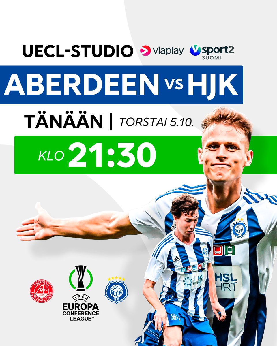ViaplayUrheilu's tweet photo. TÄNÄÄN! 🔥

@hjkhelsinki vierasreissulla Skotlannissa ja ensimmäiset pisteet tarjolla avaustappion jälkeen.

UECL-studio liikkeelle 21:30 ja pallo kello 22:00!

📺 Viaplay &amp; V sport 2
🎥 Klinga, Kottila, Halsti
🎙️ Kuusinen

#UECLfi #HJK https://t.co/7MiHQiwLB9