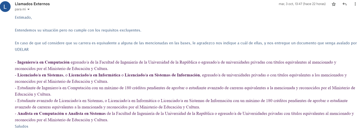 Bastante triste de <a href="/UTE_ComCorp/">U</a> el tema de que si no sos de la Udelar no te podes postualr a un llamado. por ser de <a href="/UTECuy/">Universidad Tecnológica</a> me dicen que no estoy avalado por udelar, y se pasan por el c.. que sea una institucion creada por el MEC.Un desastre y falta de transparencia <a href="/MEC_Uruguay/">Ministerio de Educación y Cultura</a>