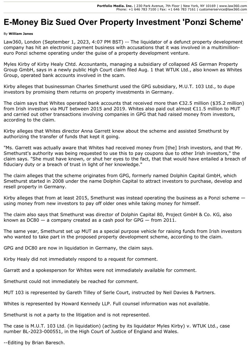 <a href="/ArmitageJim/">Jim Armitage</a> <a href="/premnsikka/">Prem Sikka</a> 1/ £1.5bn #GermanPropertyGroup “#GPG” (f/k/a #DolphinCapital) investment Ponzi scandal: #FCA auth #Emoney op #WTUK Ltd (aka #Whites Group) sued by a #GPG SPV liquidator.  The liquidator alleges that …