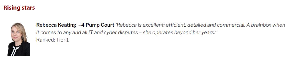 Thank you to Legal 500 for listing me as a 'Rising Star' in IT &amp; Telecoms and Financial Services Regulation, and an even bigger thank you to clients and colleagues for your referrals. 

Congratulations also to my colleagues <a href="/4PumpCourt/">4 Pump Court</a>  for their rankings #legal500