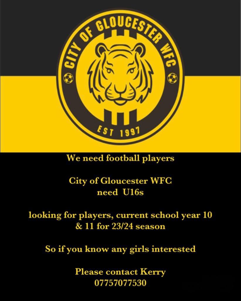CityofGlosWFC's tweet image. Our U16s are recruiting 

⚽️ Only £12 per month covering all games and training! 

⚽️ Training Thursday 6:30-8:00pm 

⚽️ FA Qualified Coaches 

⚽️ All abilities and experience welcome 

⚽️ Contact for further details or to ask any questions about joining