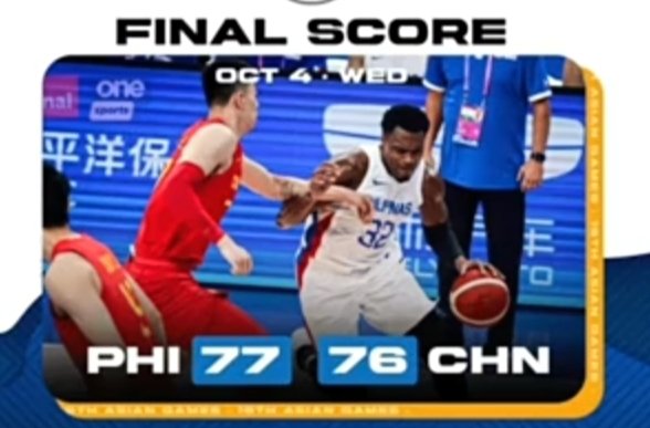 jiro_tea's tweet photo. #Gilas Pilipinas 🇵🇭 beat China 🇨🇳 by 1 point for Philippines to go for the Finals of 19th Asian Games 2023 🏀 men's basketball Philippines 77 vs 76 China https://t.co/SK6yhH9c08