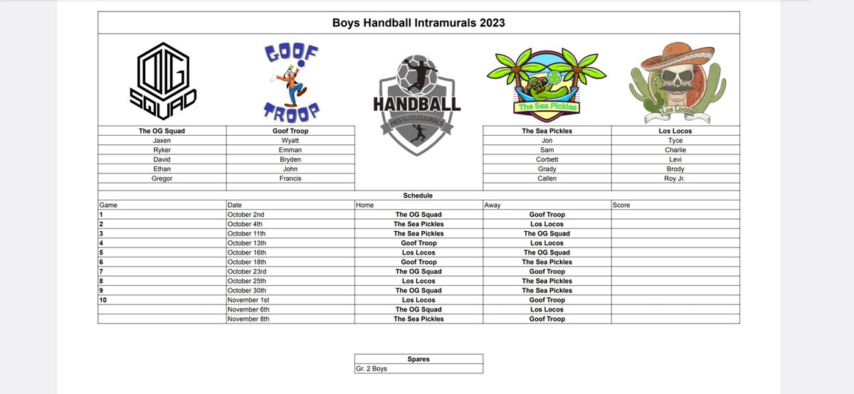 HESPhysEd's tweet photo. A new Handball intramural season is among us. Introducing your 2023-2024 teams and schedule: https://t.co/BD5NBXYVfz