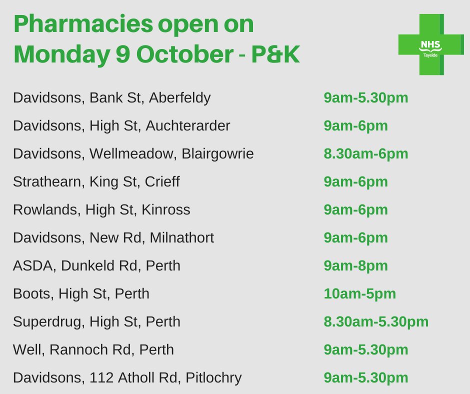 Most GPs in Tayside will be closed on Monday 9 October. Please check your practice’s opening times.

Community pharmacies can offer advice and treatment for many illnesses. Swipe ➡️ for pharmacies open on Monday.

Find out more ➡️ rightcaretayside.scot.nhs.uk