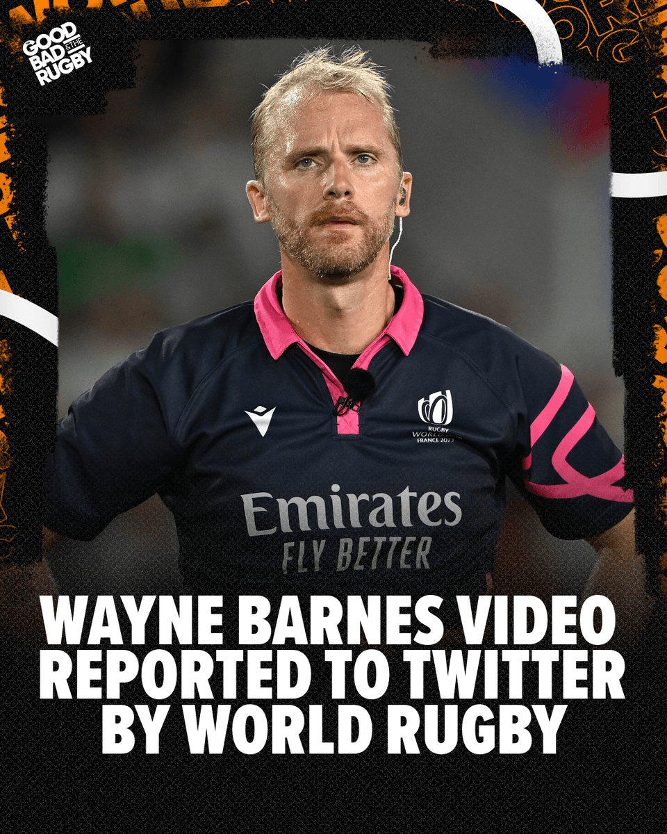 GoodBadRugby's tweet photo. Referee Wayne Barnes has been reported on X by World Rugby for sharing match footage 🏉

Barnes had been praising Romanian flanker Florian Rosu for shaking his hand after receiving a yellow card, but the video was subsequently removed due to a copyright report by the video owner.

World Rugby has been notably tight on copyright infringement during the World Cup, with YouTuber Squidge Rugby and others reporting similar copyright claims.

RPA general secretary Christian Day said on X: "Wayne Barnes, one of the most high profile refs in World Rugby, has had a clip taken down that he personally appears in and that promoted the kind of values that Rugby Union is so proud of. Confused."

#RWC2023 #RugbyWorldCup