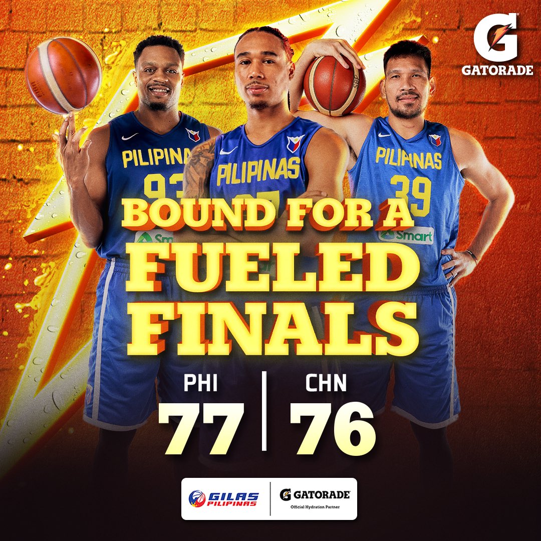 Gilas Pilipinas is headed to the finals! 💪 After a fueled battle, Gilas beats China with 77 points. Be at the top of your game with the World’s No. 1 Sports Drink – Gatorade. ⚡ #GatoradeFuelsYouForward