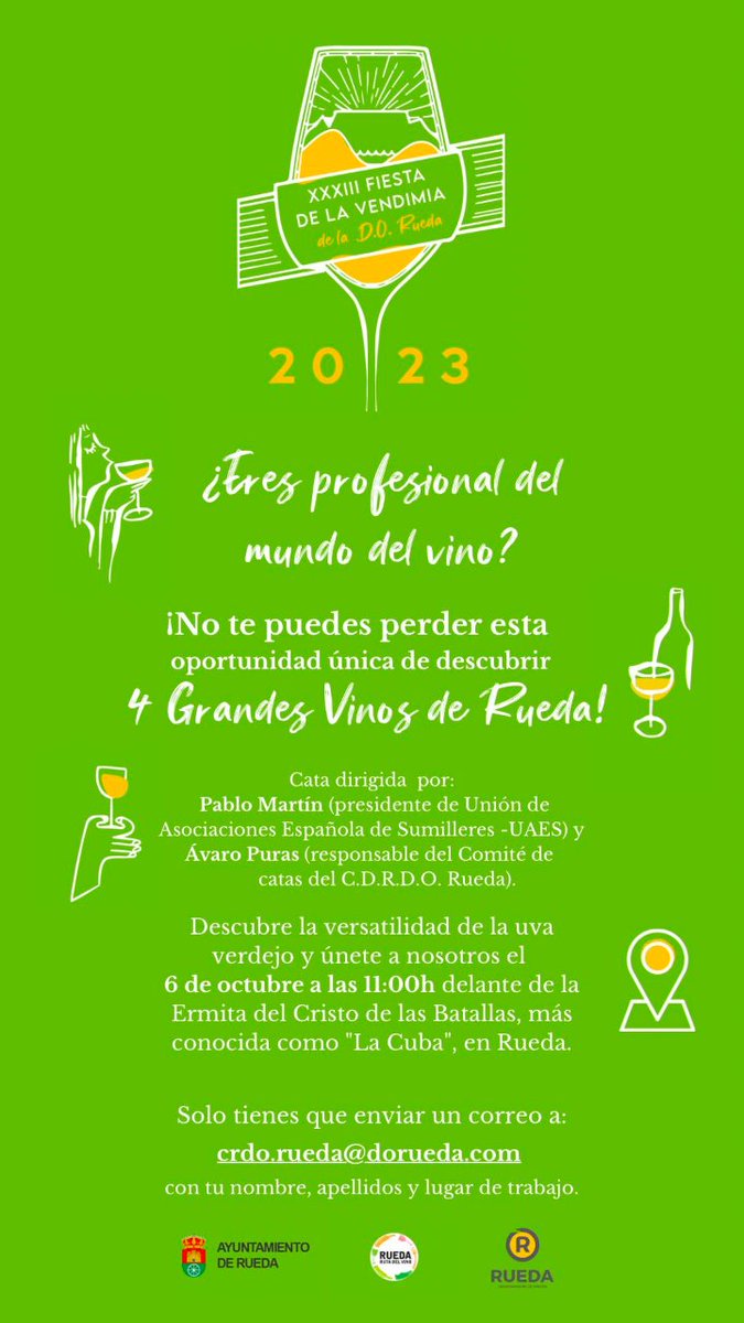DORueda's tweet photo. Este viernes arranca la 33 Fiesta de la Vendimia D.O. Rueda
🎉¿Eres profesional del mundo del vino?
Apúntate a este plan increíble:
🥂 Cata de 4 grandes vinos de Rueda. 
📩 Solo tienes que enviar un correo a crdo.rueda@dorueda.com con tu nombre, apellidos y lugar de trabajo. https://t.co/fR1sCEIKZZ