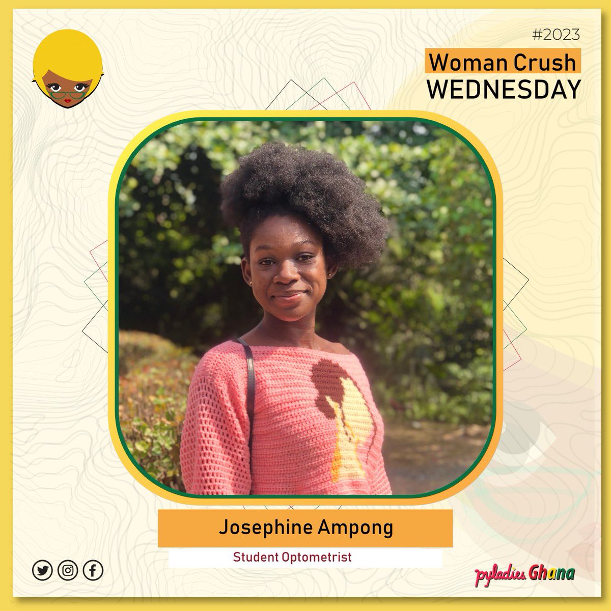 PyLadiesGhana's tweet photo. Meet our #WCW @JosephineEkua who is currently a student Optometrist at Kwame Nkrumah University of Science and Technology (KNUST).
She uses #Python for data analysis.
We are proud of you #PyLady
#PyLadiesGhana https://t.co/901iB04ErN