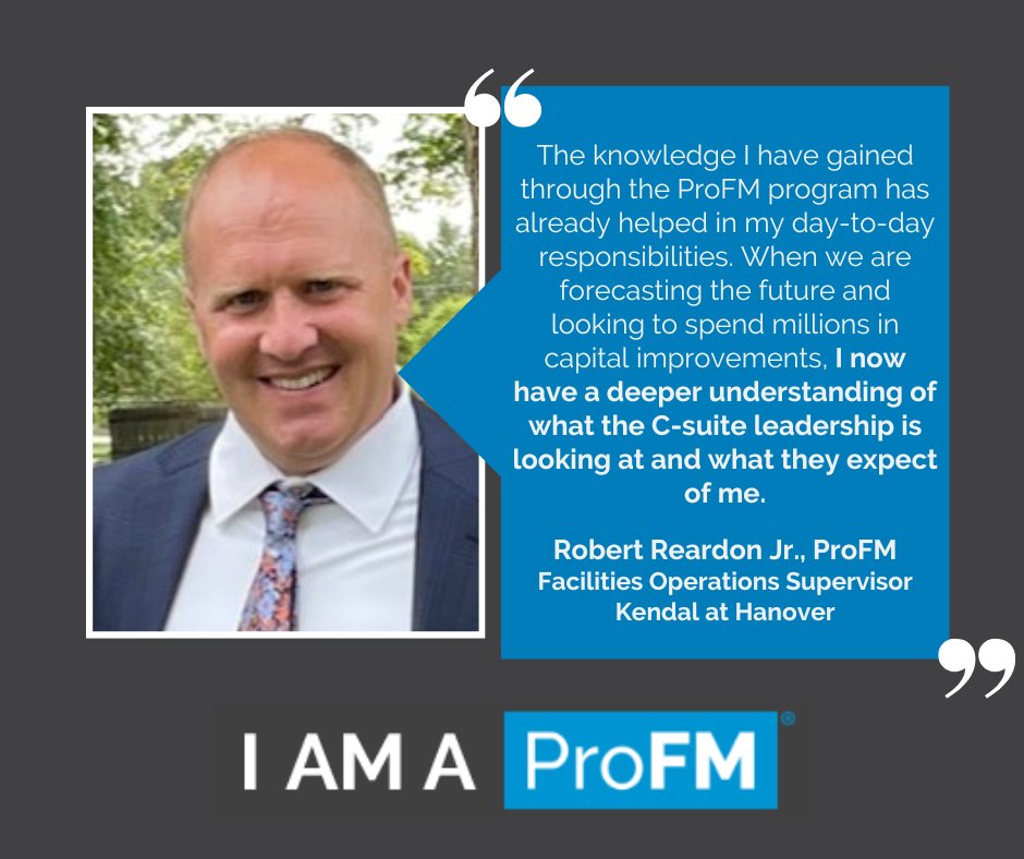 profmcredential's tweet image. Struggling to connect with your C-Suite, or ensure they understand your #FacMan needs? ProFM can help! Robert Reardon, shares how earning his ProFM helped him better communicate with his leadership. Find more ProFM stories here: okt.to/vYOTRy

#TransformFM #FacMan