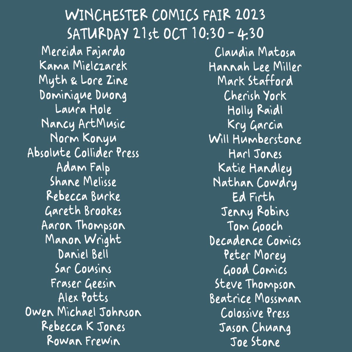 So many great comics creators coming to the Winchester Comics Fair!