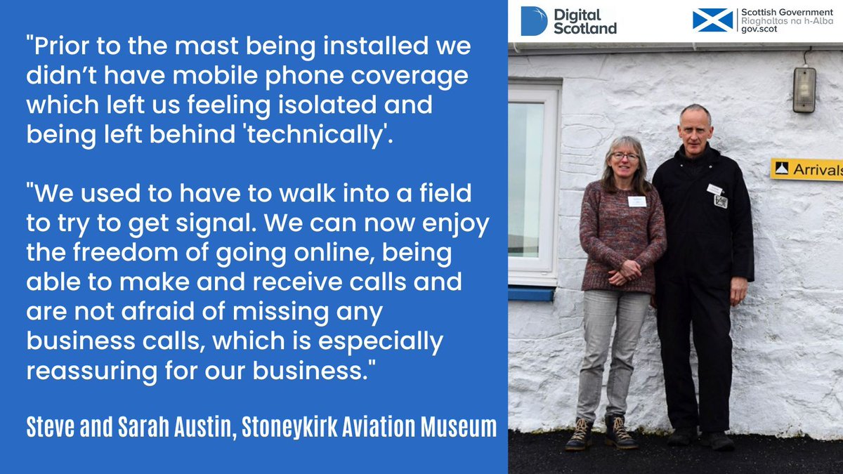 Steve and Sarah from Stoneykirk Aviation Museum, in Dumfries and Galloway, are delighted to have 4G services in the area thanks to our #S4GI programme. This @scotgov initiative has made a tremendous difference to this fantastic museum and to the community.