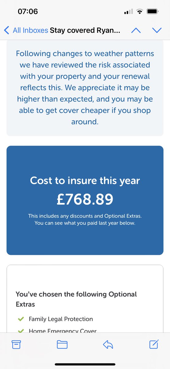 crypnotise's tweet photo. @askesure loving the creativity on your quote to justify a 50% uplift
To my home insurance renewal. ‘Weather patterns’ certainly wins the award for price hiking 2023. I must have been on holiday during the hurricanes, tornados and forest fires 👏 https://t.co/9LBsW0GHx0