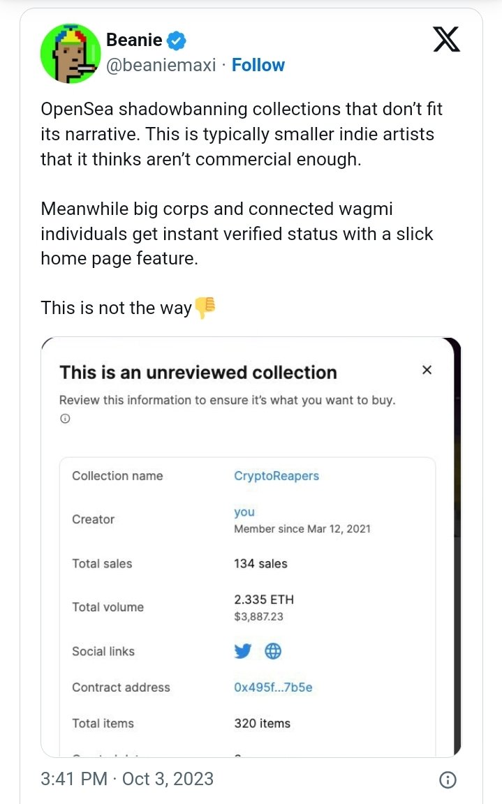 Soheil_SBabaei's tweet photo. In an October 03 blog post, #Benie, a renowned crypto user and #NFT #influencer, shared that it appears an #NFTcollection, β#CryptoReaper,β is now #shadow_banned on the #OpenSea NFT market platform. https://t.co/dsUUTqs5h7