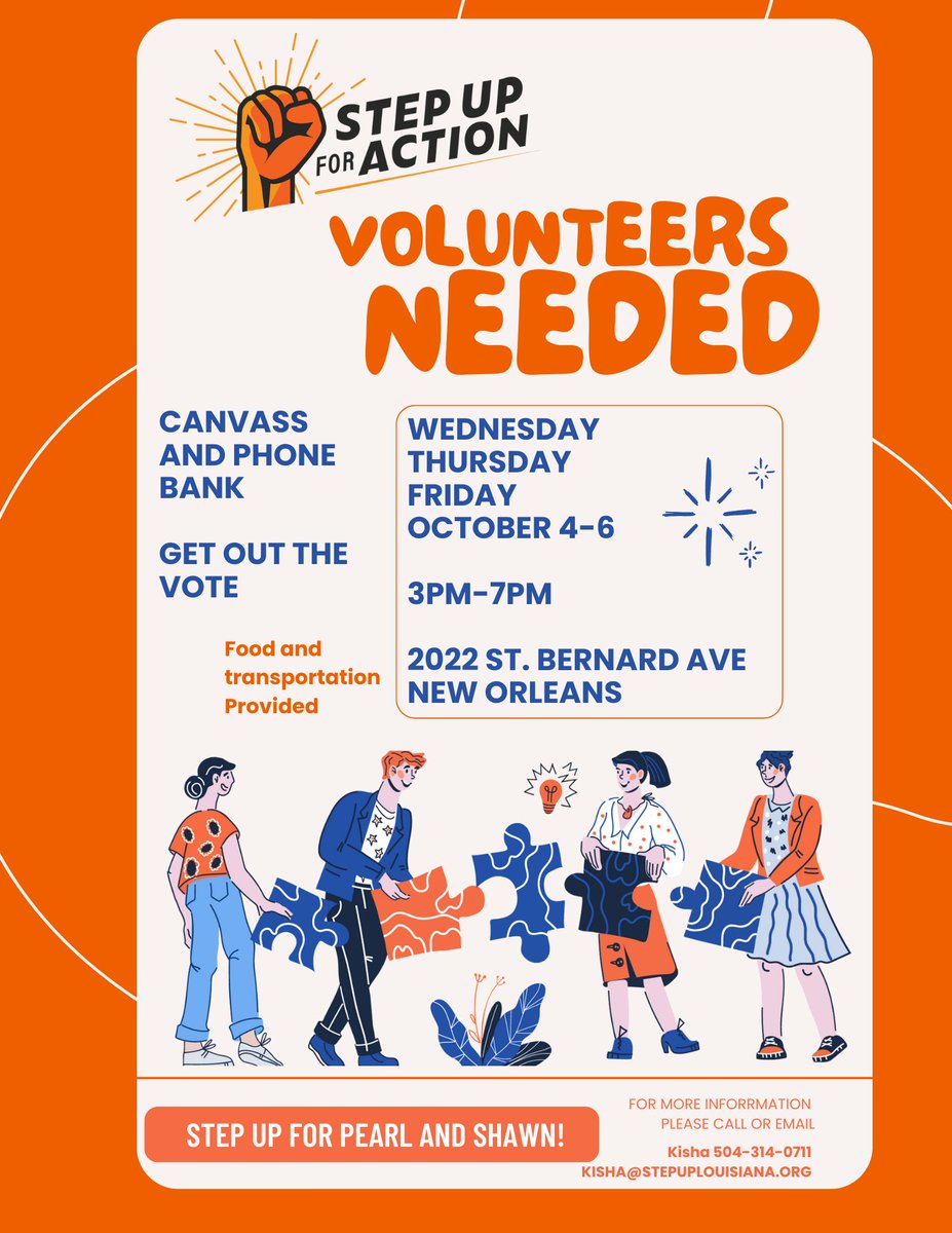 StepUpForAction's tweet photo. Let's get out the early vote for the Step Up for Action New Orleans candidates @PearlRicksFor23 @wilsonforla #geauxvote #volunteersneeded https://t.co/F4tnKd7LRZ