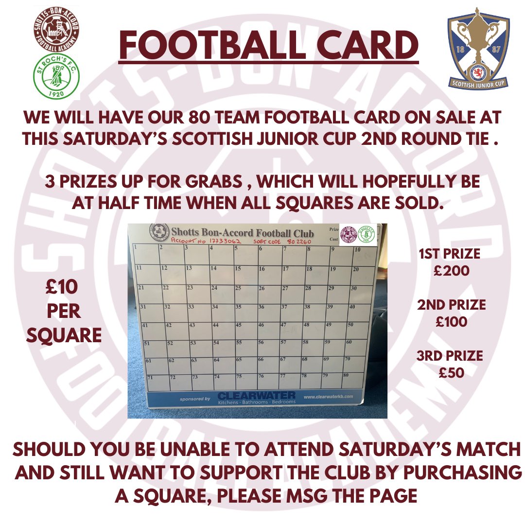 ShottsBonAccord's tweet image. ⚽️🇱🇻 This Saturday we will have our football card on sale prior to our cup match with @StRochsJuniors 🇱🇻⚽️

£10 per square. 3 prizes to win. Msg the page if you can’t make it along on Saturday and want to support the club and give yourself a chance to win £200, £100 or £50 🇱🇻⚽️