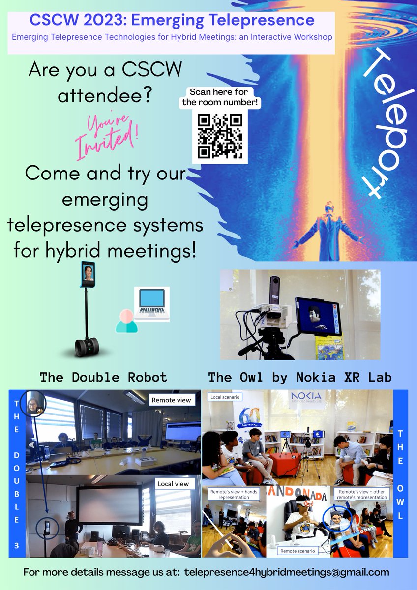 It's the final countdown to our Emerging Telepresence Technologies for hybrid meetings: an interactive workshop at #CSCW2023 <a href="/ACM_CSCW/">ACM CSCW</a> 👉🏼…w23emergingtelepresence.wordpress.com