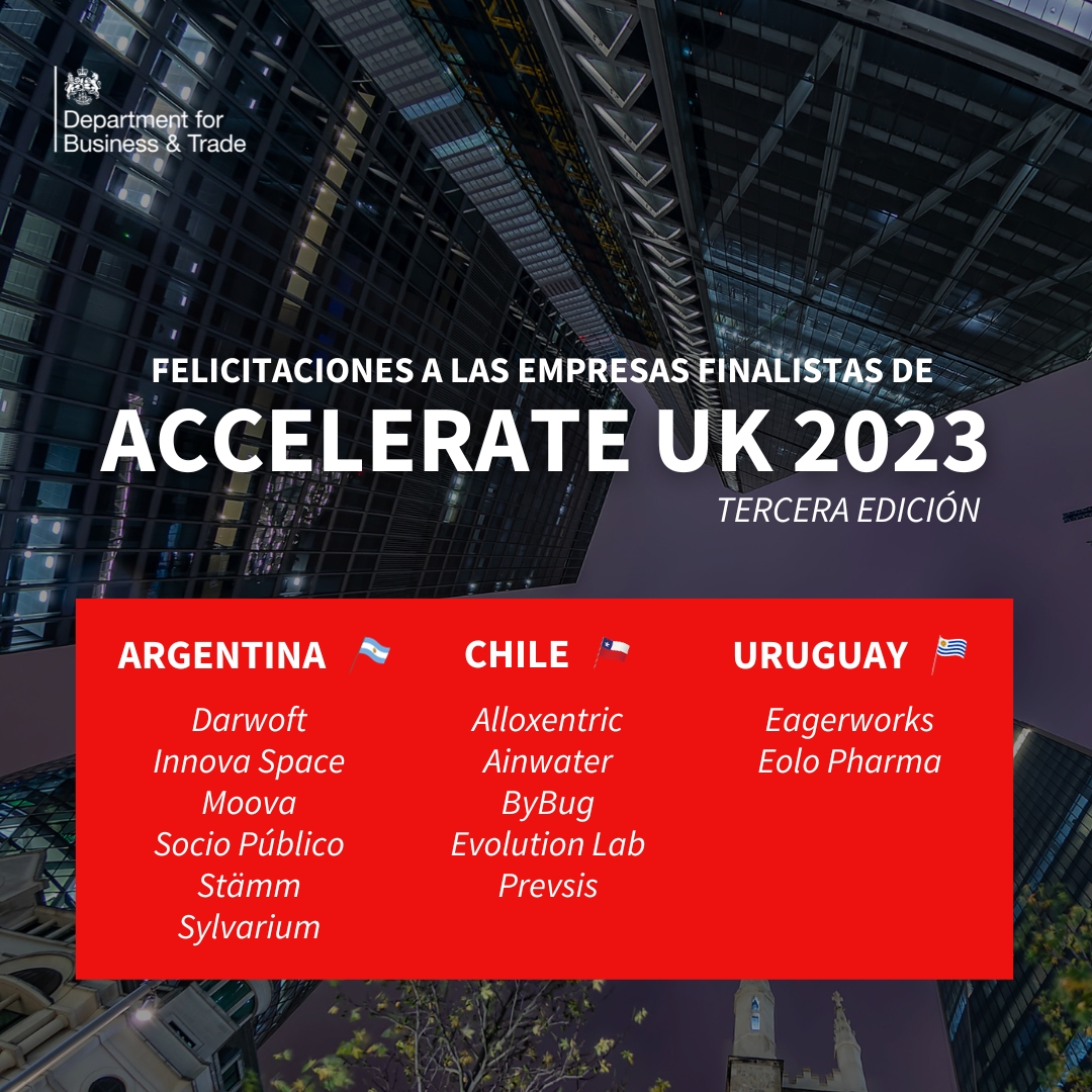 UKinArgentina's tweet photo. Ya cerró la convocatoria de #AccelerateUK 📈 con participaciones récord de empresas de Argentina 🇦🇷, Chile 🇨🇱 y Uruguay 🇺🇾.

En esta tercera edición hay 13 startups finalistas, conocelas 👇 https://t.co/EphiJUmOov