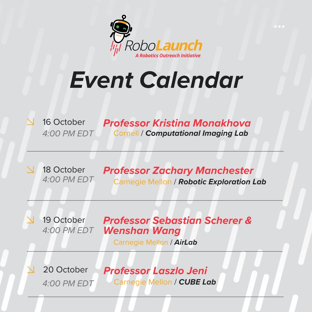 cmu_riss's tweet photo. Applying for RISS 2024 or graduate school in the Fall? RoboLaunch will host a series of talks from October 9th to 20th discussing opportunities to get involved. We will also host a Q&amp;A at the end of every session!

🕔 When? 4 PM EDT!
📍Where? YouTube and Zoom Webinars! https://t.co/fJhwg3lvE8
