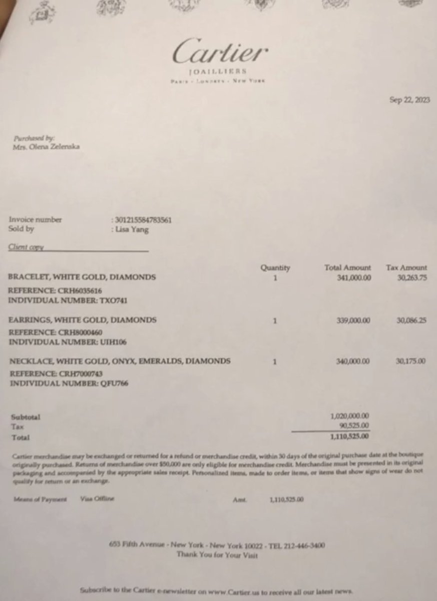 Sigan apoyando a Zelensky, necesita de su ayuda.

El pasado 22 de septiembre, la esposa del presidente de Ucrania realizó compras en la joyería de Cartier en New York por un valor de más 1,100,000 (un millón cien mil dólares)

Gracias a todos por su apoyo en esta lucha, por sus