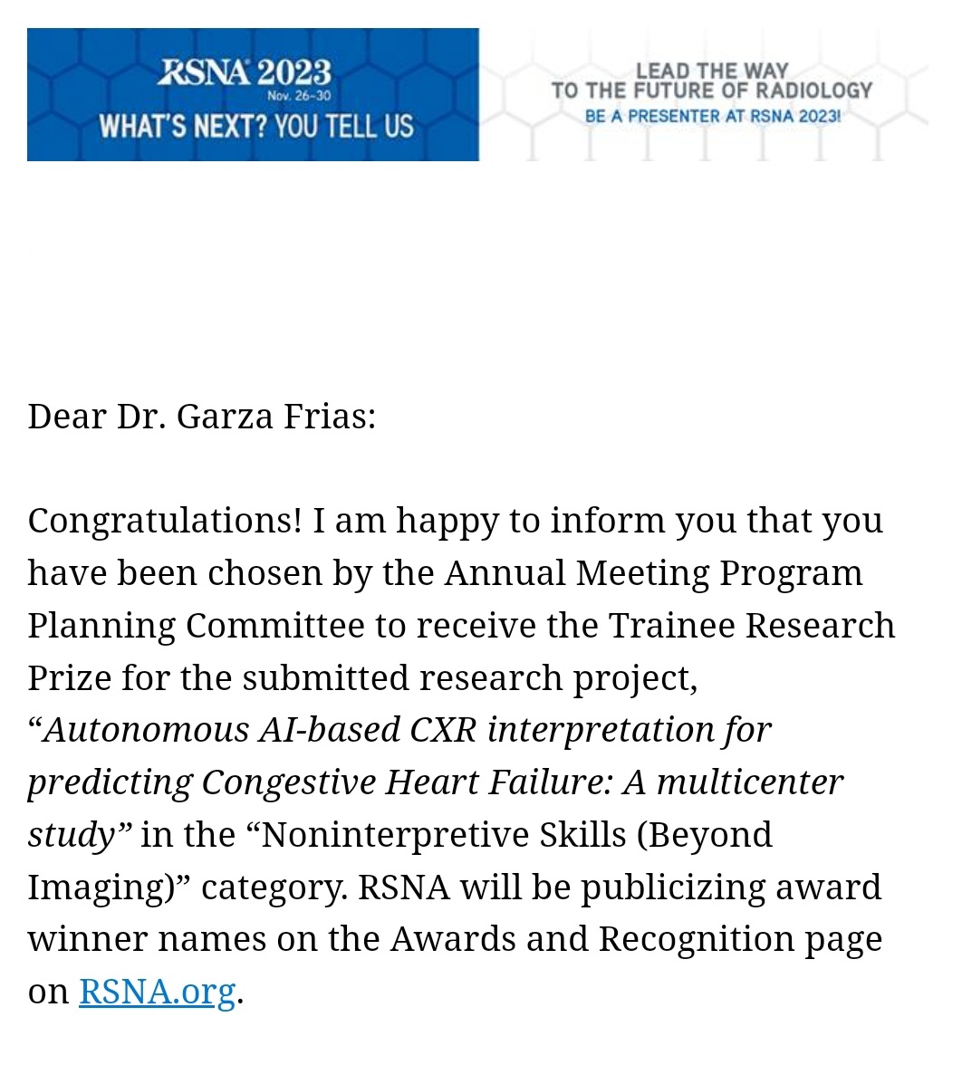 Emiliano Garza-Frias (@emilianogarzamd) on Twitter photo I'm beyond grateful to have received the 2023 RSNA Trainee Research Prize.
Working with my colleagues and mentors at <a href="/MGHImaging/">Mass General Imaging</a> this past year has been a privilege and this is a reflection of our effort.
Looking forward to the upcoming <a href="/RSNA/">RSNA</a> meeting and the #Match2024 season. I'm beyond grateful to have received the 2023 RSNA Trainee Research Prize.
Working with my colleagues and mentors at <a href="/MGHImaging/">Mass General Imaging</a> this past year has been a privilege and this is a reflection of our effort.
Looking forward to the upcoming <a href="/RSNA/">RSNA</a> meeting and the #Match2024 season.