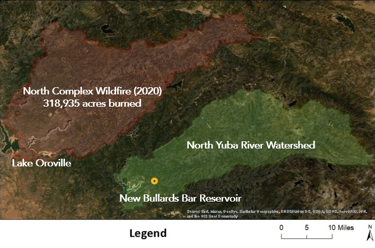 YubaWater's tweet image. Four and a half miles. That's how close the #NorthComplexFire came to the #YubaRiver watershed in 2020. We know how susceptible we are to #CAwildfire, which is why we're working hard to restore our watershed to reduce the risk of catastrophic wildfire: bit.ly/yuba-forest