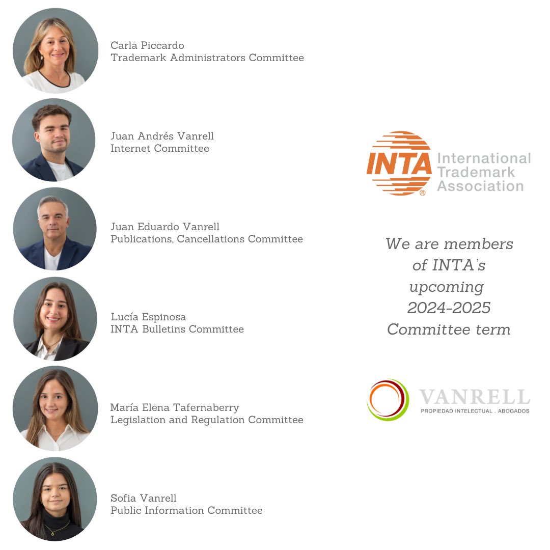 vanrellip's tweet image. We are members of @INTA upcoming 2024-2025 committee term! 

Somos miembros del próximo periodo de comités de @intaglobal durante 2024-2025! 

#ip #pi #inta #uruguay #marcas #intellectualproperty #propiedadintelectual #trademarks