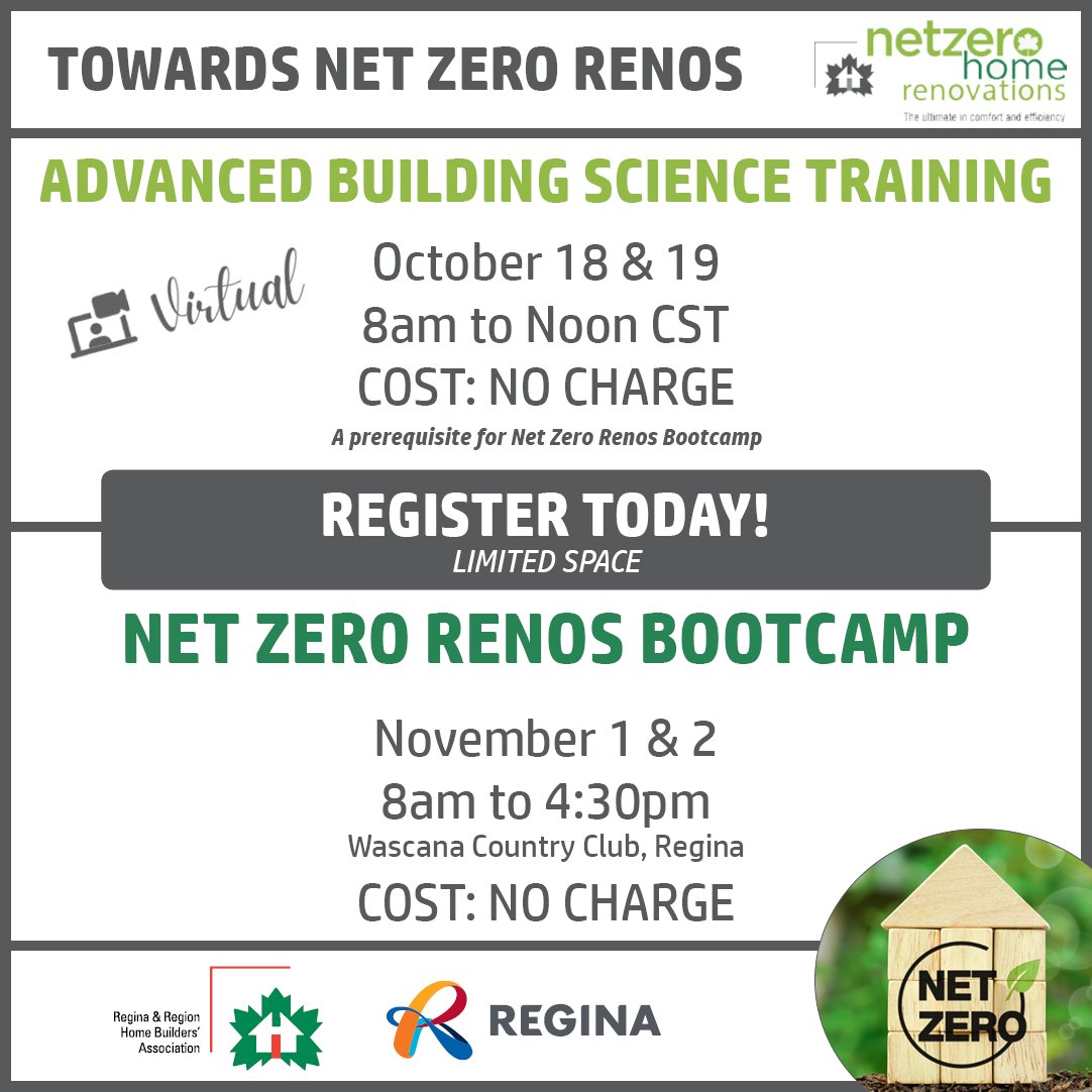Over 70% Booked! 
This Net Zero training is provided at NO CHARGE for any renovation company in Regina &amp; surrounding area. You don't have to be a member of the RRHBA.

Register here: events.r20.constantcontact.com/register/event…