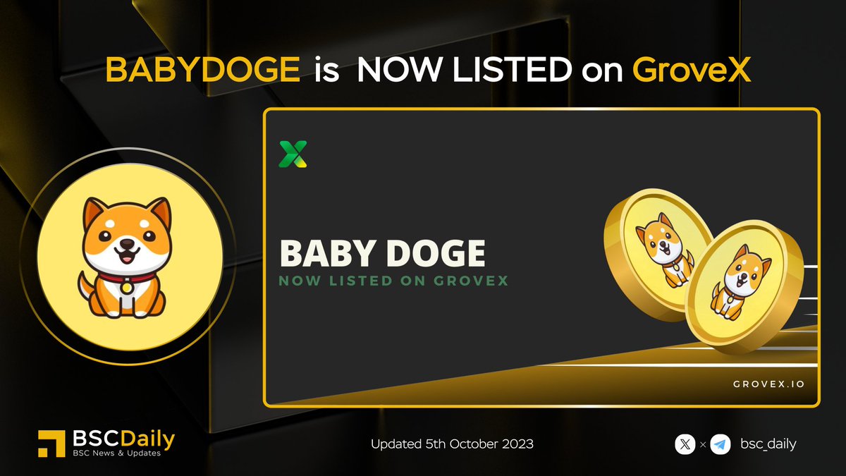 🎉 <a href="/babydoge/"></a> $BABYDOGE is NOW LISTED on <a href="/GroveXchange/">GroveX</a> 🥳

BabyDoge + GroveX = 🚀🚀🚀

Which exchange do you think #BabyDoge will be listed on next⁉️

#Binance, #Coinbase, #Kraken or #Bitfinex 👀