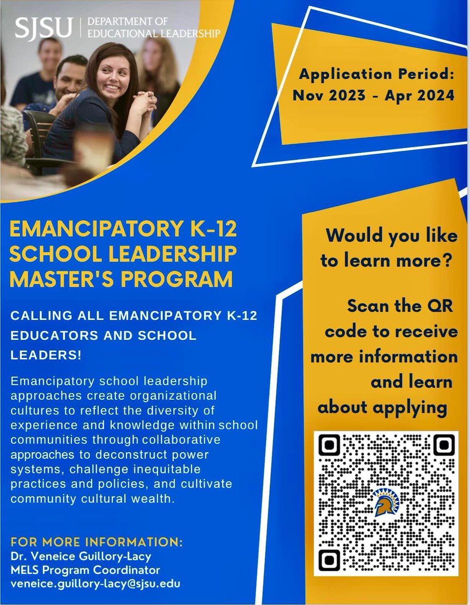 Veneice Guillory-Lacy, Ph.D. (@veneicelacy) on Twitter photo 📍Do you want to make transformative change in K-12 schools?!
<a href="/sjsulurie/">SJSU Lurie College of Education</a> Emancipatory School Leadership MA (MELS) Program is a great fit! Commuter friendly w/ hybrid or online options & evening classes. Happy to chat & connect folks to our amazing alumni! 📍Do you want to make transformative change in K-12 schools?!
<a href="/sjsulurie/">SJSU Lurie College of Education</a> Emancipatory School Leadership MA (MELS) Program is a great fit! Commuter friendly w/ hybrid or online options & evening classes. Happy to chat & connect folks to our amazing alumni!