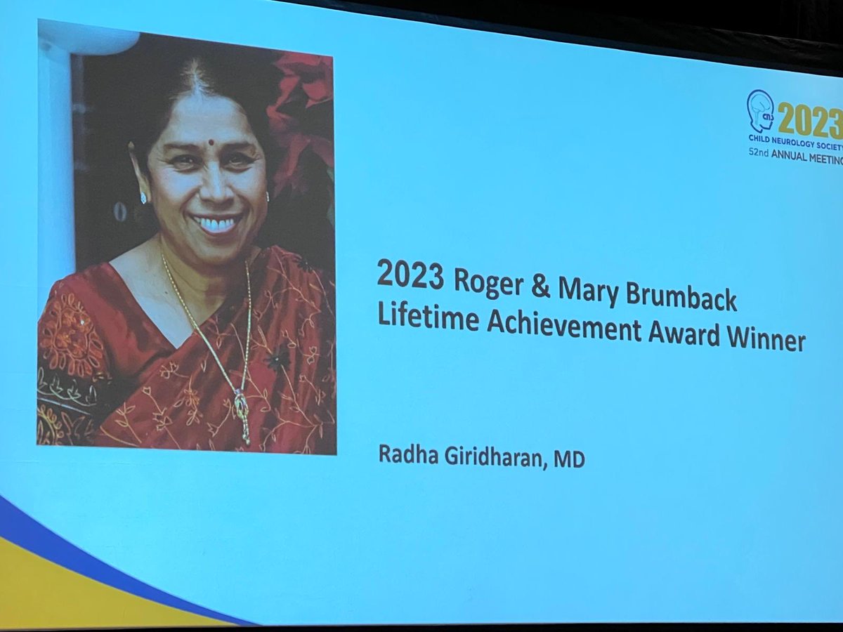 Congratulations ⁦<a href="/RadhaGiridhara1/">Radha Giridharan</a>⁩ !
2023 Roger and Mary Brumback Lifetime Achievement Award winner! #CNSAM2023 ⁦<a href="/ChildNeuroSoc/">Child Neurology Society</a>⁩ ⁦<a href="/AANmember/">American Academy of Neurology</a>⁩