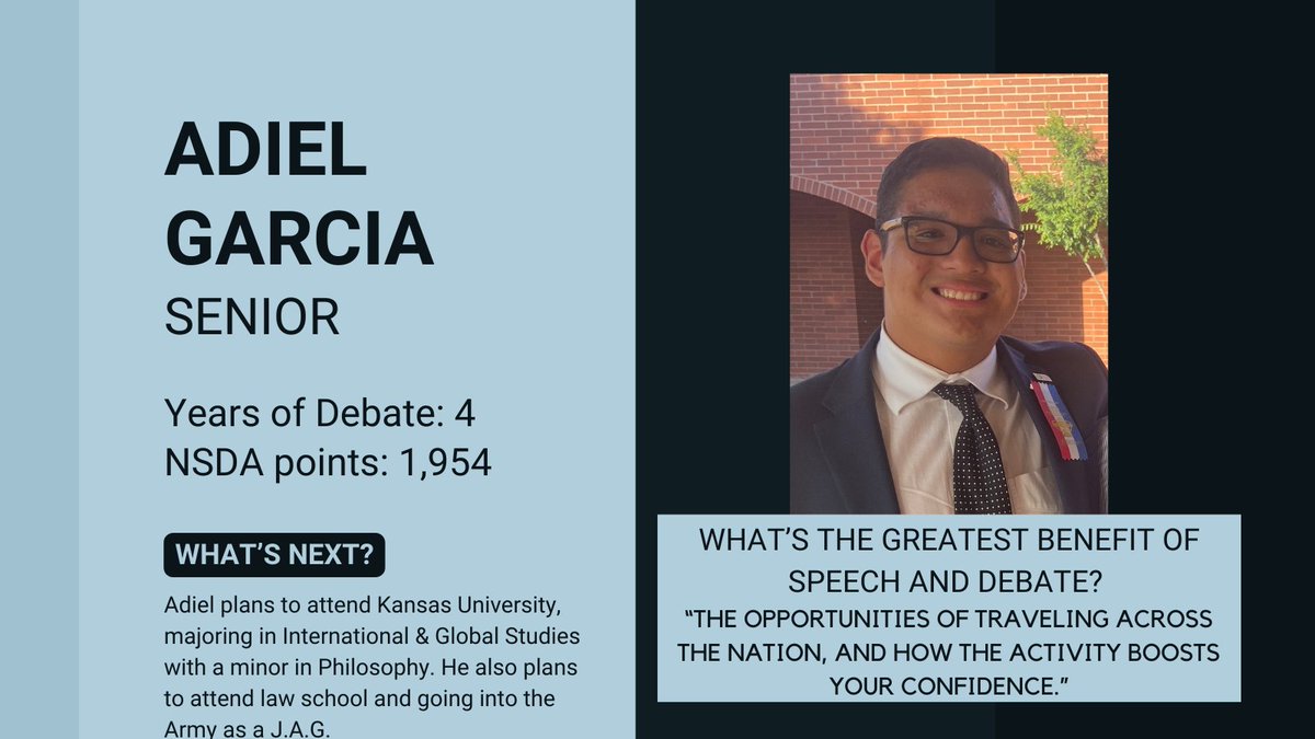 SHHSSpeech's tweet photo. Today's #DebateSpotlight is one of our more accomplished debaters, Adiel Garcia! Adiel is a 4-year Debater who has attended both the @speechanddebate and NCFL Grand National Tournaments! https://t.co/x5tFfxZaxF